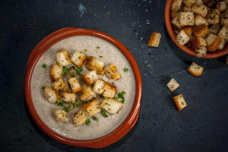 Mushroom soup with croutons and herbs, in the classic dishes for soup on a grey table, copy space, top viewの写真素材