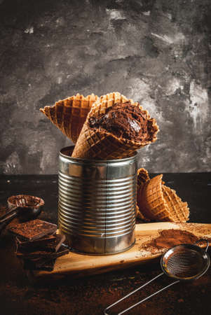 Homemade chocolate ice cream in waffle cones, with a spoon for ice cream, cocoa and pieces of dark chocolate. In an aluminum can as a stand. On a dark gray background, rustic. Copy space verticalの写真素材