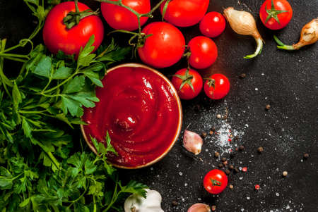 Fresh homemade organic tomato sauce or ketchup, in a small bowl. With the ingredients - parsley, onions, garlic, tomatoes, salt, pepper. On a black stone concrete table. Horizontal, top view with copy spaceの写真素材