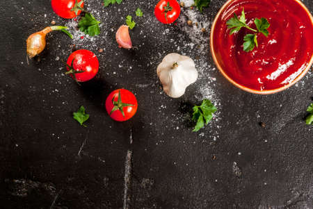 Fresh homemade organic tomato sauce or ketchup, in a small bowl. With the ingredients - parsley,...