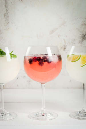 Selection of three kinds of gin tonic: with blackberries, with lime, with mint leaves. In glasses on a white background. Copy space close viewの写真素材