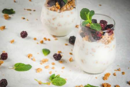 Dietary vegan healthy breakfast. Yogurt and granola with fresh  blueberry oranges and mint in a glass. On a white table. Copy spaceの写真素材