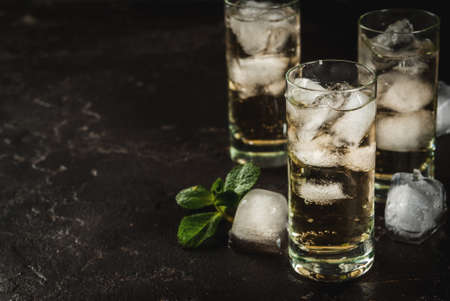 Alcohol cocktail made from golden tequila with ice cubes and mint. On a black concrete table. Copy spaceの写真素材