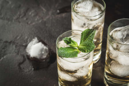 Alcohol cocktail made from golden tequila with ice cubes and mint. On a black concrete table. Copy spaceの写真素材