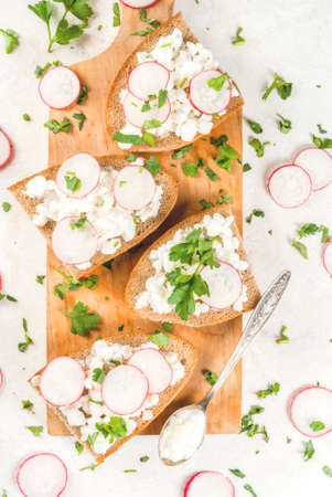 Homemade sandwich toasts with Cottage Cheese, radish and parsley on white table, copy space top close viewの写真素材