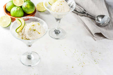 Homemade salted lemon lime ice cream sherbet. Margarita ice cream. With lime and zest, in glasses with salt decor and snack of lime slice.の写真素材