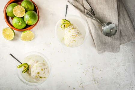 Refreshing summer alcoholic cocktail floating margarita. With tonic and salted lime ice cream with zest. With a lime garnish. On a white concrete table. Copy spaceの写真素材