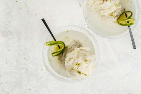 Refreshing summer alcoholic cocktail floating margarita. With tonic and salted lime ice cream with zest. With a lime garnish. On a white concrete table. Copy space  top viewの写真素材