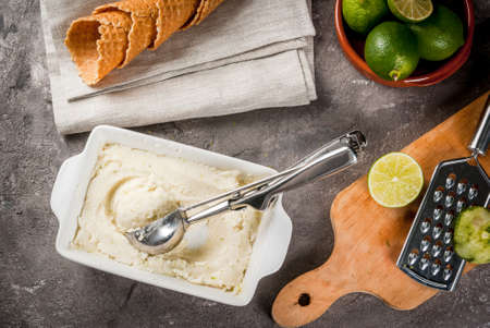 Homemade lemon ice cream. Refreshing lime sorbet in a bowl with a spoon for ice cream. With horns for ice cream, limes, grater for peel. On an old gray stone concrete table.の写真素材