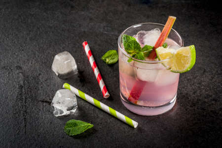 Summer refreshing drink, cocktail. Homemade organic mojito or lemonade with rhubarb, mint and lime. On a black concrete stone table, in glasses and a bottle. Copy spaceの写真素材