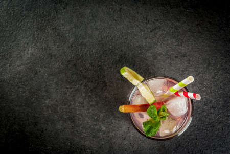 Summer refreshing drink, cocktail. Homemade organic mojito or lemonade with rhubarb, mint and lime. On a black concrete stone table, in glasses and a bottle. Copy space top viewの写真素材