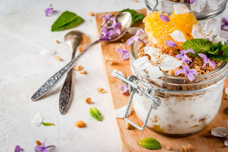 Trendy exotic food. Vegan paleo diet. Breakfast. Yoghurt with granola, fillet slices of orange, mint and edible flowers - lilac, cherry. On a white stone table, with ingredients. Copy spaceの写真素材