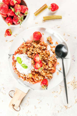 Healthy breakfast. Oatmeal granola crumble with rhubarb, fresh strawberries and blackberries, seeds and ice cream on marble white plate, with mint, on white stone concrete table, copy space top viewの写真素材