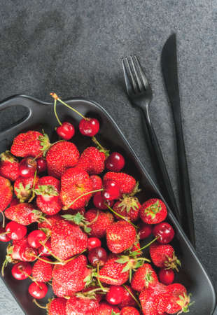Healthy breakfast, lunch or snack. Summer berries and fruits. Organic fresh cherries and...