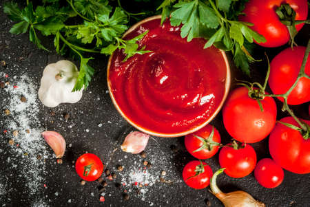 Fresh homemade organic tomato sauce or ketchup, in a small bowl. With the ingredients - parsley, onions, garlic, tomatoes, salt, pepper. On a black stone concrete table. Horizontal, with copy spaceの写真素材