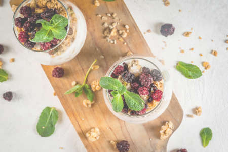 Dietary vegan healthy breakfast. Yogurt and granola with fresh blackberry oranges and mint in a glass. On a white table, on a cutting board. Copy space top viewの写真素材