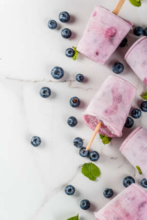 Summer sweets and desserts. Vegan food. Frozen drinks, smoothies. Ice cream popsicles from homemade Greek yogurt and fresh organic blueberries. With mint. On white marble table. Copy space top viewの写真素材