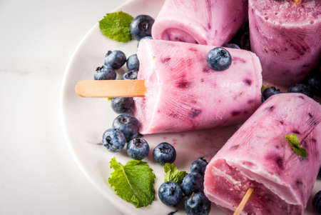 Summer sweets and desserts. Vegan food. Frozen drinks, smoothies. Ice cream popsicles from homemade Greek yogurt and fresh organic blueberries. With mint. On plate, white table. Copy spaceの写真素材