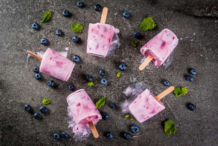 Summer sweets and desserts. Vegan food. Frozen drinks, smoothies. Ice cream popsicles from homemade Greek yogurt and fresh organic blueberries. With mint. On black stone table. Copy space top viewの写真素材