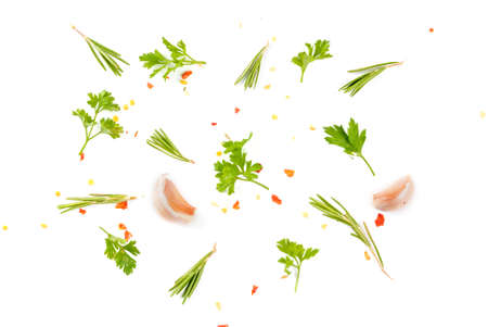Food preparation background. Isolate. Spices and ingredients for cooking. Rosemary, parsley, seasoning, spices, salt, garlic. Top view copy spaceの写真素材