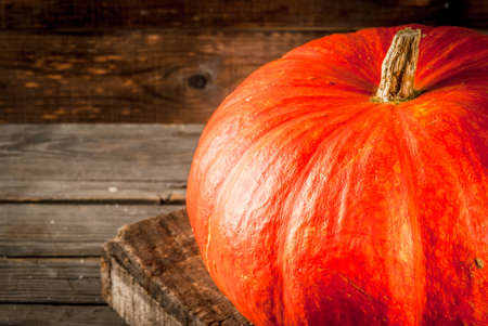 Autumn vegetables, harvest. Fresh raw orange organic pumpkin on an old rustic wooden table, whole and cut into pieces. Copy spaceの写真素材