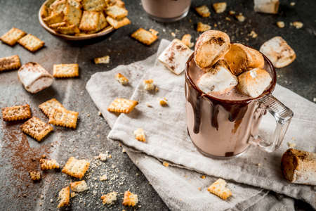 Traditional fall and winter cocktails, alcohol. Campfire hot chocolate eggnog cocktail with salted crackers and roasted marshmallow, in two mugs, on black stone table, copy spaceの写真素材