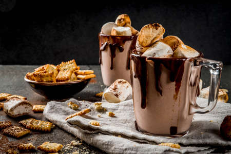 Traditional fall and winter cocktails, alcohol. Campfire hot chocolate eggnog cocktail with salted crackers and roasted marshmallow, in two mugs, on black stone table, copy spaceの写真素材