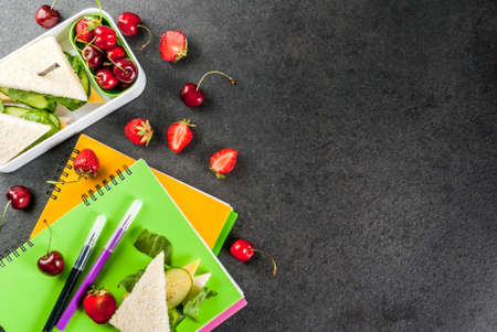 Back to school. A hearty healthy school lunch in a box: sandwiches with vegetables and cheese, berries and fruits (apples) with notebooks, colored pens on a black table. Copy space top viewの写真素材