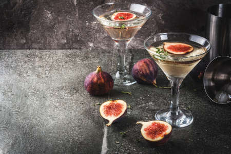Fall and winter drinks recipes, Martini cocktail with fig, thyme and honey, on black stone table, copy spaceの写真素材