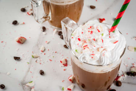 Homemade Peppermint Mocha, Christmas coffee drink with candy canes, whipped cream and mint syrup ,...
