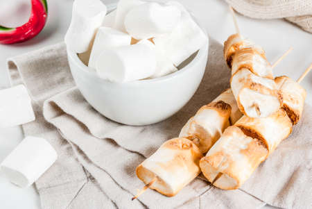 Traditional christmas sweets - candy cane, marshmallow and baked on fire marshmallow skewers on white background, copy spaceの写真素材