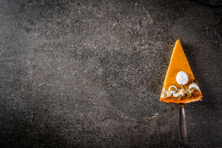 Traditional autumn dishes. Halloween, Thanksgiving. One piece of spicy pumpkin pie with whipped cream & pumpkin seeds on black stone table. Copy space top viewの写真素材