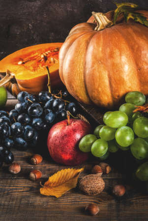 Autumn and thanksgiving harvest concept. Seasonal fall fruits and pumpkin on wooden table, copy space top viewの写真素材