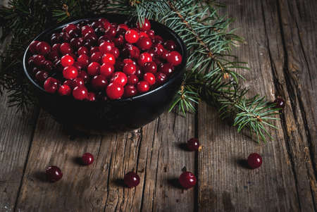 Autumn harvest, seasonal berries. Fresh raw cranberries in a black bowl, with Christmas tree...