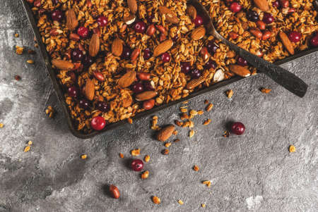 Ideas for a winter, autumn breakfast. Thanksgiving, Christmas. Homemade fresh cooked honey granola with nuts (almonds, peanuts, hazelnuts) and cranberries. On a gray concrete table, Copy spaceの写真素材
