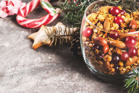 Ideas for a winter, autumn breakfast. Thanksgiving, Christmas. Homemade fresh cooked honey granola with nuts (almonds, peanuts, hazelnuts) and cranberries. In glass, gray table, Copy spaceの写真素材