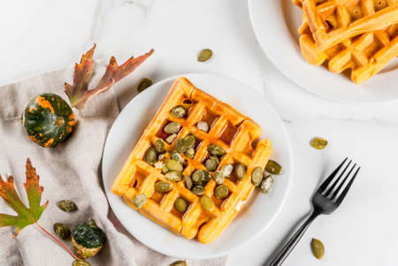 Homemade Pumpkin Waffles with maple syrup and pumpkin seeds, on white marble table, copy space top...