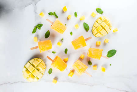 Ice cream, popsicles. Organic dietary foods, desserts. Frozen mango smoothie, with mint leaves and...