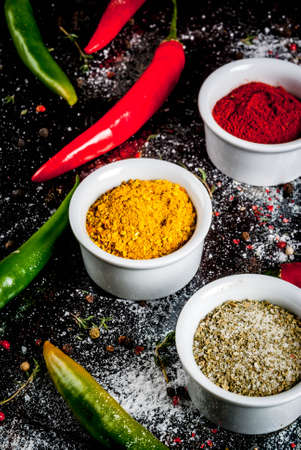 Various spices and seasonings. Cooking background.  Turmeric, curry, paprika, pepper, chili, dried basil, salt, fresh chili, thyme. Black rusty metal background. Copy space.の写真素材