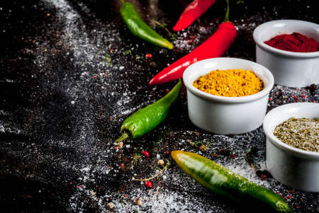 Various spices and seasonings. Cooking background.  Turmeric, curry, paprika, pepper, chili, dried basil, salt, fresh chili, thyme. Black rusty metal background. Copy space.の写真素材
