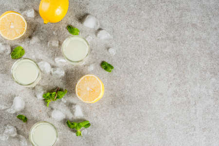 Traditional italian alcoholic homemade beverage, lemon liqueur limoncello with fresh citrus, ice and mint, on grey stone table, copy space top viewの写真素材