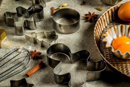 Baking equipment and ingredients, cooking christmas pastries and cookies background, vintage, gray stone table, copy spaceの写真素材