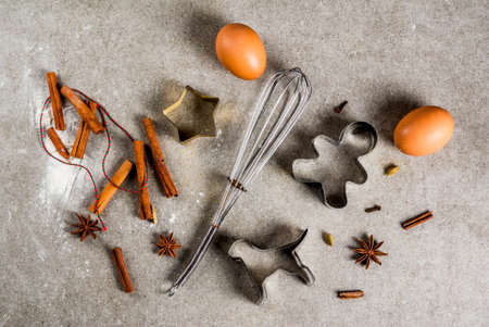 Baking equipment and ingredients, cooking christmas pastries and cookies background, vintage, top view, gray stone table, copy spaceの写真素材