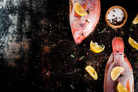 Fresh raw fish pink tilapia with spices for cooking - lemon, salt, pepper, herbs, on  black rusty...