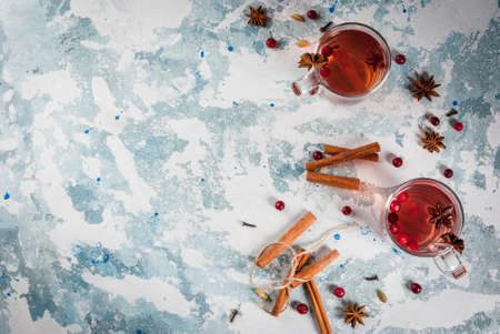 Hot autumn drink, fruit spicy tea with cranberry, cinnamon, anise. On light blue concrete table, with ingredients copy space top viewの写真素材