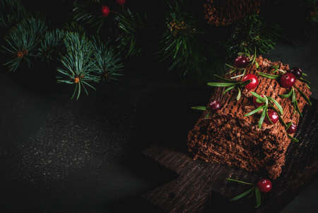 Traditional Christmas dessert, Christmas yule log cake with chocolate cream, cranberry and rosemary twigs. On a dark background with Christmas tree branches, gifts and decorations, copy spaceの写真素材