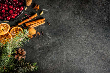Ingredients for Christmas, winter baking cookies. Gingerbread, fruitcake, seasonal drinks. Cranberries, dried oranges, cinnamon, spices on a black stone table, top view copy spaceの写真素材