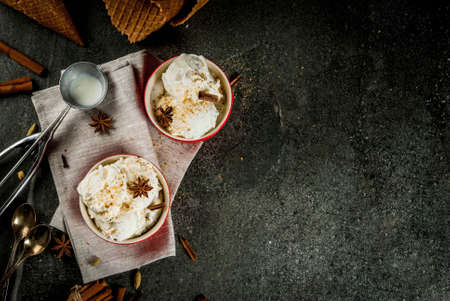 Cold Homemade Eggnog Ice Cream with Cinnamon and anise, on dark stone background, copy space top viewの写真素材