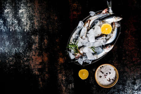 Fresh raw fish with rosemary, lemon and salt on dark rusty background, copy space top viewの写真素材