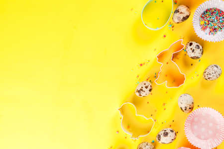 Sweet baking concept for Easter, cooking background with baking - with a rolling pin, whisk for...